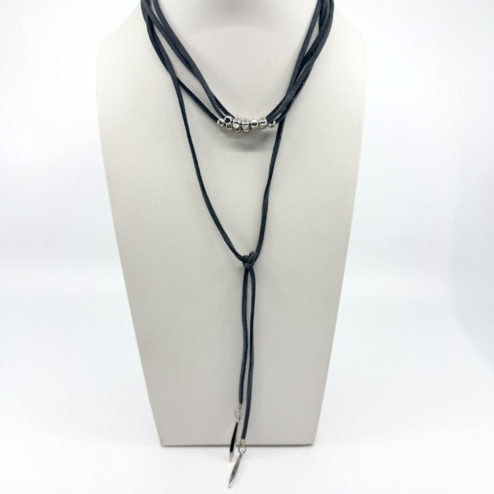 VTG Black Suede Multi Strand Choker Lariat Layered Silver Tone Spike Necklace
